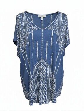 VS Collection Blue and White Short Sleeve V-Neck Top